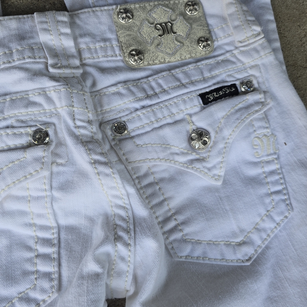 y2k miss me flap pocket white flare Low-Rise jeans bling 25 Flawed - Picture 7 of 9